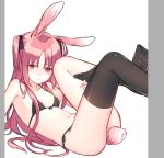  1girl animal_ears bikini black_bikini black_legwear breasts bunny_girl bunny_tail cleavage front-tie_top hair_ribbon legs_up lio_(rumei2265874644) long_hair looking_at_viewer lying navel original pink_eyes pink_hair rabbit_ears ribbon simple_background sketch solo swimsuit tail thigh-highs thighhighs_pull two_side_up white_background 