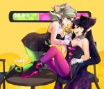 2girls artist_name black_hair bread breasts bunny_shake callie_(splatoon) cleavage cousins detached_collar dress fangs food kneeling marie_(splatoon) mask mole mole_under_eye multiple_girls object_on_head open_mouth pantyhose pointy_ears silver_hair splatoon tentacle_hair tongue tongue_out white_hair yellow_eyes
