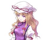  1girl blonde_hair bow dress hair_bow hair_ornament hat hat_ribbon long_hair long_sleeves looking_at_viewer minust mob_cap open_mouth portrait puffy_sleeves ribbon simple_background smile solo tabard touhou upper_body violet_eyes white_background white_dress yakumo_yukari 