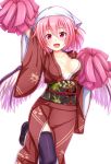 1girl animal_ears arm_up black_legwear blush breasts cleavage earrings ebi_193 head_scarf japanese_clothes jewelry looking_at_viewer mystia_lorelei obi okamisty open_mouth pink_hair pom_poms red_eyes sash short_hair simple_background solo thigh-highs touhou white_background wings 