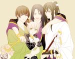  4boys ^_^ black_hair brown_hair closed_eyes ginmu gohei gourd green_eyes grey_eyes hotarumaru ishikirimaru japanese_clothes jirou_tachi male_focus multiple_boys open_mouth ponytail smile tarou_tachi touken_ranbu track_suit white_hair yellow_eyes 