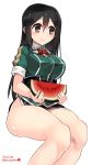  1girl black_hair blush bottomless bowtie breasts brown_eyes chikuma_(kantai_collection) dated food fruit highres invisible_chair kantai_collection kuro_chairo_no_neko large_breasts long_hair puffy_short_sleeves puffy_sleeves short_sleeves smile solo twintails twitter_username watermelon white_background 