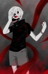  absurdres astrot_(zwd4310100) black_nails black_sclera blood bloody_clothes cuffs hand_on_own_face handcuffs highres kaneki_ken mask nail_polish red_eyes tokyo_ghoul torn_clothes white_hair white_skin 