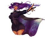  1girl anklet azubelle breasts cape cropped_legs dark_skin earrings gojika_(pokemon) gym_leader highres jewelry large_breasts outstretched_arm pokemon pokemon_(game) pokemon_xy purple_hair skin_tight solo star star_earrings unitard 