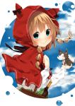  1girl alza animal_on_hand aqua_eyes basket blonde_hair blue_sky braid capelet clouds hat hat_with_ears hood little_red_riding_hood little_red_riding_hood_(grimm) long_sleeves looking_at_viewer original sky smile twin_braids wine_bottle wolf 