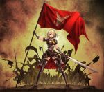  1girl banner boots breasts flag geeto_gaadian highres multiple_boys original pixiv_fantasia pixiv_fantasia_t polearm poleaxe sword thigh_strap weapon 