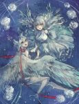  2girls aqua_eyes clona commentary_request dress feathered_wings flower frilled_dress frills gloves harpy head_wings invisible long_hair monster_girl multiple_girls neck_ribbon open_mouth outstretched_wings pixiv_fantasia pixiv_fantasia_t ribbon rose short_hair smile white_hair white_rose wings yellow_eyes 