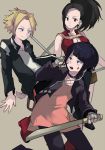  1boy 2girls black_eyes black_hair boku_no_hero_academia breasts choker cleavage facial_mark fingerless_gloves gloves headphones jirou_kyouka kaminari_denki knife large_breasts long_hair long_sleeves multiple_girls open_mouth plug ponytail shina_000 short_hair yaoyorozu_momo 