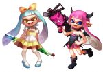  2girls aqua_hair bare_shoulders blue_eyes boots bow choker demon_wings earrings fangs hair_bow horns inkling jewelry kneehighs mary_janes multiple_girls nintendo nishizawa pink_hair pointy_ears shoes shorts skirt skirt_set splatoon super_soaker tentacle_hair wings yellow_eyes 