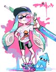  1girl :3 animal blue_hair bubble_blowing bubblegum copyright_name inkling long_hair mask paint paint_on_face paint_roller paint_splatter shirt shoes short_sleeves smile sneakers solo splatoon squid standing tentacle_hair tera violet_eyes white_shirt 