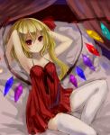  1girl alternate_costume armpits arms_up asymmetrical_hair blonde_hair crystal dress flandre_scarlet hair_ribbon looking_at_viewer lying nightgown no_hat on_back on_bed ookamisama parted_lips red_dress red_eyes ribbon side_ponytail sleeveless solo thigh-highs touhou white_legwear wings 