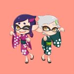  2girls ;d aori_(splatoon) brown_eyes child fangs hair_ornament hotaru_(splatoon) japanese_clothes kimono long_sleeves mask mole mole_under_eye multiple_girls obi one_eye_closed open_mouth pink_background pointy_ears purple_hair riko_(sorube) sandals sash short_hair siblings silver_hair simple_background sisters smile splatoon wide_sleeves younger 