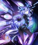  1girl arched_back ass bangs blue_eyes blue_hair bodysuit breasts building choujigen_game_neptune cityscape gloves hair_between_eyes headgear highres long_hair looking_at_viewer looking_back magic_circle magical_girl mechanical_wings neon_trim neptune_(choujigen_game_neptune) neptune_(series) next_purple official_art open_mouth outstretched_arm purple_hair purple_heart shin_jigen_game_neptune_vii solo standing symbol-shaped_pupils tsunako twintails very_long_hair wings 