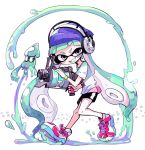  &gt;:) 1girl animal beanie bike_shorts blue_hair blush grin hat headphones inkling long_hair mask paint shirt shoes short_sleeves simple_background smile sneakers solo splatoon squid super_soaker tentacle_hair tera violet_eyes white_background white_shirt wristband 