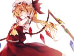  1girl ascot ashisaki asymmetrical_hair blonde_hair crystal flandre_scarlet hat hat_ribbon looking_at_viewer mob_cap parted_lips puffy_sleeves red_eyes ribbon shirt short_sleeves side_ponytail simple_background skirt skirt_set solo touhou vest white_background wings wrist_cuffs 