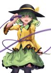  1girl black_legwear blurry green_eyes green_hair hat hat_ribbon heart heart-shaped_pupils knife komeiji_koishi long_sleeves looking_at_viewer newnand open_mouth phone ribbon shaded_face shirt short_hair simple_background skirt smile solo string symbol-shaped_pupils thigh-highs touhou white_background wide_sleeves zettai_ryouiki 