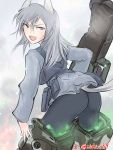  1girl :d animal_ears ass aurora_e_juutilainen black_legwear fox_ears fox_tail from_behind grey_hair highres long_hair long_sleeves looking_back military military_uniform mishiro_shinza open_mouth pantyhose smile solo strike_witches striker_unit tail twitter_username uniform violet_eyes 