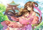  2girls age_difference blush brown_eyes brown_hair cherry_blossoms detached_sleeves dress glomp green_eyes hair_ornament height_difference highres hug long_hair multiple_girls one_eye_closed pagoda petals sky smile tagme tree tsubasa_tsubasa 