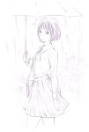  1girl bag bookbag monochrome original rain short_hair sketch skirt solo traditional_media umbrella yoshitomi_akihito 