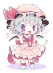  &gt;:d 1girl :d bat_wings blue_hair blush bow brooch chibi curly_hair dress fang frilled_dress frills full_body hat hat_ribbon heart jewelry kyou_(nekoneko) looking_at_viewer mob_cap open_mouth pink_dress red_bow red_eyes red_ribbon remilia_scarlet ribbon short_sleeves simple_background smile solo standing touhou white_background wings 