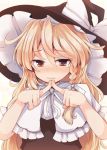  1girl beni_shake blonde_hair blush bow braid brown_eyes capelet fingers_together hat hat_bow kirisame_marisa long_hair single_braid solo tears touhou upper_body wavy_mouth witch_hat 