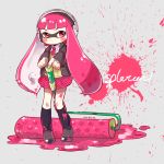  blazer blush dirty domino_mask headphones inkling kneehighs long_hair magenta_eyes magenta_hair necktie paint paint_roller paint_splatter red_eyes redhead school_uniform shirt shoes skirt splatoon sweater tentacle_hair 