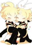  1boy 1girl ahoge black_boots blonde_hair blush boots brother_and_sister cheek-to-cheek chibi closed_eyes detached_sleeves hair_ornament hair_ribbon hairclip hand_on_another&#039;s_face hug kagamine_len kagamine_rin kyou_(nekoneko) ponytail ribbon sailor_collar short_ponytail siblings simple_background thigh-highs thigh_boots vocaloid white_background white_ribbon 