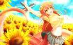  1girl 2015 blush breasts cleavage clouds dai_jijie dated dutch_angle fangs field flower flower_field hair_ornament hairclip lamia long_hair midriff miia_(monster_musume) monster_girl monster_musume_no_iru_nichijou navel open_mouth outdoors pointy_ears redhead scales shirt skirt sky slit_pupils solo sunflower tied_shirt very_long_hair windmill yellow_eyes 