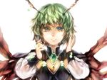  1girl alternate_costume antennae aqua_eyes cape cleavage_cutout emerald green_hair hands_in_hair high_collar jewelry lips long_sleeves looking_at_viewer necklace parted_lips short_hair simple_background solo touhou white_background wriggle_nightbug yokosuka220 
