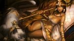  1girl armlet breasts brown_hair cat dark_skin egyptian green_eyes headdress highres iorlvm jewelry league_of_legends lips long_hair lying midriff navel nidalee on_side polearm short_hair solo spear thighs weapon 