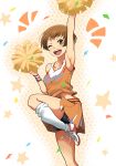  1girl ;d arm_up armpits bike_shorts brown_eyes brown_hair cheerleader confetti eyelashes female kurosususu loose_socks one_eye_closed open_mouth persona persona_4 pom_poms satonaka_chie shoes short_hair shorts_under_skirt skirt smile sneakers socks solo standing_on_one_leg wristband 