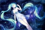  1girl absurdres aqua_hair blue_hair breasts cleavage closed_eyes covered_navel dress floating flower hatsune_miku highres in_water long_hair lying nebula on_back see-through solo star tidsean twintails vocaloid 