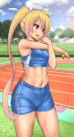  1girl abs blonde_hair brown_eyes crop_top gym_shorts highres hobby_(kento) long_hair midriff navel original solo standing stretch sweat track twintails very_long_hair 