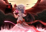  astrot_(zwd4310100) bat_wings blue_hair bow building clouds dress full_moon gem glowing hat highres moon red_eyes red_sky remilia_scarlet ribbon sky touhou tree wings wristband 