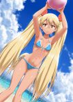  1girl arms_up ball bikini blonde_hair blue_bikini blush breasts cleavage front-tie_top glasses hair_ribbon highres long_hair looking_at_viewer navel nigou open_mouth retoree ribbon show_by_rock!! side-tie_bikini solo swimsuit twintails very_long_hair yellow_eyes 