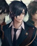  3boys blurry depth_of_field eyepatch formal izumi-no-kami_kanesada lowres male_focus multiple_boys necktie ookurikara shokudaikiri_mitsutada short_hair solo_focus suda_ayaka suit touken_ranbu upper_body yellow_eyes 