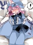  ! 1girl blush breasts hammer_(sunset_beach) hat japanese_clothes kimono large_breasts long_hair long_sleeves looking_at_viewer open_mouth pink_eyes pink_hair ribbon-trimmed_sleeves ribbon_trim saigyouji_yuyuko solo spoken_exclamation_mark touhou translation_request triangular_headpiece 