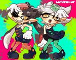  2girls ;) aori_(splatoon) ban_(3551702) black_hair blush dress earrings fangs food food_on_head gloves green_legwear grin hair_rings hotaru_(splatoon) jewelry long_hair mask mole mole_under_eye multiple_girls object_on_head one_eye_closed open_mouth orange_eyes pantyhose pointy_ears red_legwear siblings silver_hair sisters smile splatoon strapless_dress sushi unitard white_gloves 