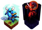  1boy 1girl armor character_name collage full_armor helmet horned_helmet koi_drake shield_knight shovel shovel_knight shovel_knight_(character) worktool 