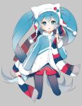  1girl blue_eyes blue_hair hat hatsune_miku highres long_hair long_sleeves pantyhose scarf shorts simple_background snowflakes solo striped striped_scarf twintails uttao very_long_hair vocaloid yuki_miku 