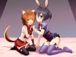  2girls animal_ears black_hair blue_eyes brown_eyes brown_hair bunnysuit chuunibyou_demo_koi_ga_shitai! coat crossover dungeon_ni_deai_wo_motomeru_no_wa_machigatteiru_darou_ka eyepatch finalcake gloves liliruca_arde multiple_girls rabbit_ears seiyuu_connection short_hair side_ponytail takanashi_rikka thigh-highs torn_clothes uchida_maaya 