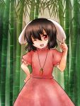  1girl animal_ears bamboo bamboo_forest black_hair carrot_necklace cowboy_shot dress forest hand_on_hip head_tilt inaba_tewi index_finger_raised koto_(shiberia39) looking_at_viewer nature one_eye_closed open_mouth pink_dress rabbit_ears raised_hand red_eyes short_hair solo touhou 