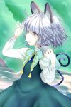  1girl adapted_costume alternate_costume animal animal_ears animal_on_shoulder capelet dress grey_hair highres ishikkoro jewelry long_sleeves looking_away mouse mouse_ears mouse_tail nazrin necklace open_mouth red_eyes short_hair tail touhou 