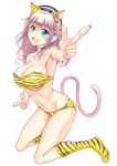  1girl animal_ears bikini blush boots breasts cat_ears cat_tail cleavage fang ganari_ryuu green_eyes headphones headset highres large_breasts long_hair looking_at_viewer midriff navel open_mouth original pink_hair pointing smile solo super_tama_musume swimsuit tail tamatoys tiger_print 