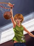  1girl absurdres ball basketball basketball_hoop basketball_uniform brown_eyes brown_hair dunk highres jumping persona persona_4 playing_sports satonaka_chie short_hair shorts solo sport sportswear wristband you_xi_feng 