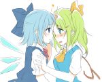  2girls ascot blue_eyes blue_hair blush bow cirno colored daiyousei fairy_wings forehead-to-forehead fujishiro_emyu green_hair hair_bow hair_ornament hair_ribbon hairclip ice ice_wings looking_at_another multiple_girls open_mouth profile puffy_sleeves ribbon short_hair short_sleeves side_ponytail simple_background sketch star sweat touhou vest white_background wings 