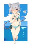  1girl akagashi_hagane animal_ears bare_arms bare_legs bare_shoulders barefoot bikini bikini_top blue_sky blush border bow clouds full_body grey_hair jewelry looking_at_viewer midriff mouse mouse_ears mouse_tail navel nazrin necklace ocean panties polka_dot polka_dot_bikini polka_dot_swimsuit red_eyes short_hair sky smile sunglasses sweat swimsuit tail touhou underwear water wavy_mouth 