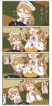  1girl 4koma =_= bare_shoulders brown_eyes brown_hair chibi closed_eyes comic commentary_request detached_sleeves food food_on_face fried_egg hat highres kantai_collection littorio_(kantai_collection) long_hair necktie open_mouth ponytail puchimasu! shirt sleeveless sleeveless_shirt sweat translation_request wavy_hair wavy_mouth yuureidoushi_(yuurei6214) 