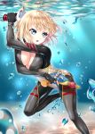  :o blonde_hair blue_eyes blush bodysuit breast_squeeze breasts cleavage dual_wielding fingerless_gloves gloves gun haguda_tofu_(hakudatofu) handgun highres large_breasts light_rays ocean_bottom original pistol reflection shiny shiny_clothes short_hair skin_tight sparkle underwater water weapon 