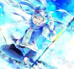  1girl black_legwear blue_eyes blue_hair character_name gloves goggles_on_hat hatsune_miku long_hair long_sleeves looking_at_viewer one_eye_closed open_mouth pantyhose reika_(pixiv776765) scarf solo v very_long_hair vocaloid white_gloves yuki_miku 